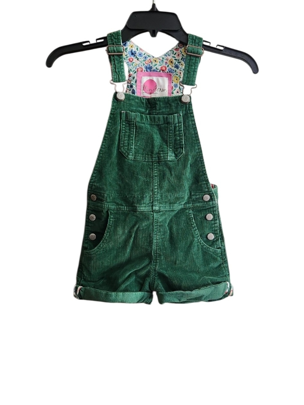 Mini Boden Green Corduroy Shortalls with Floral Lining and Adjustable Straps